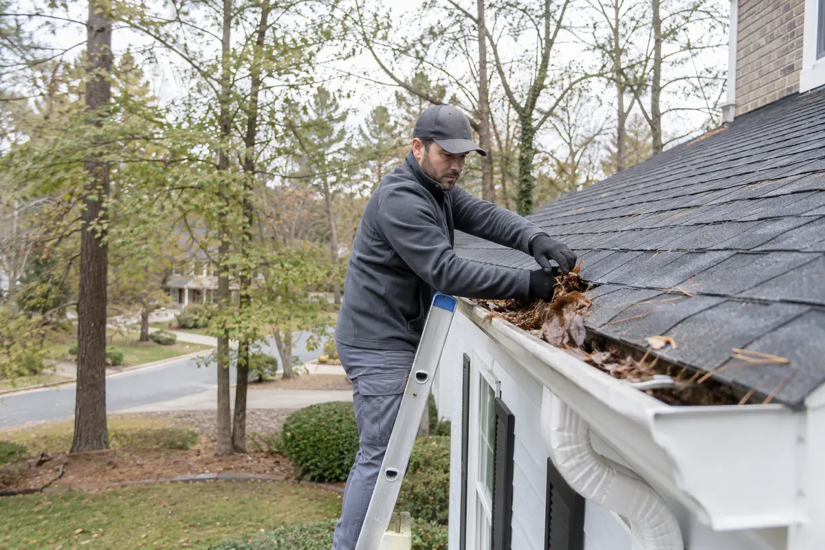 Professional Gutter Cleaning Durham NC Professional technician removing leaves and pine needles during gutter cleaning in Durham NC
